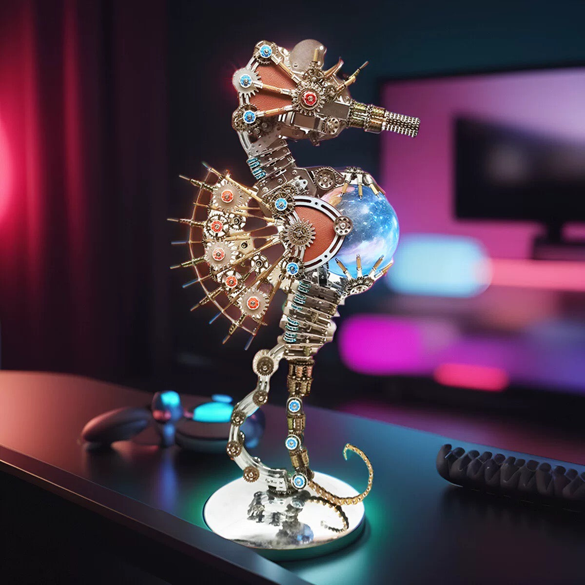 2100PCS Steampunk Seahorse Puzzle 3D DIY Model Kit with Planet Lights